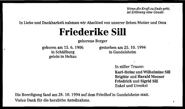 Borger Friederike 1906-1994 Todesanzeige
